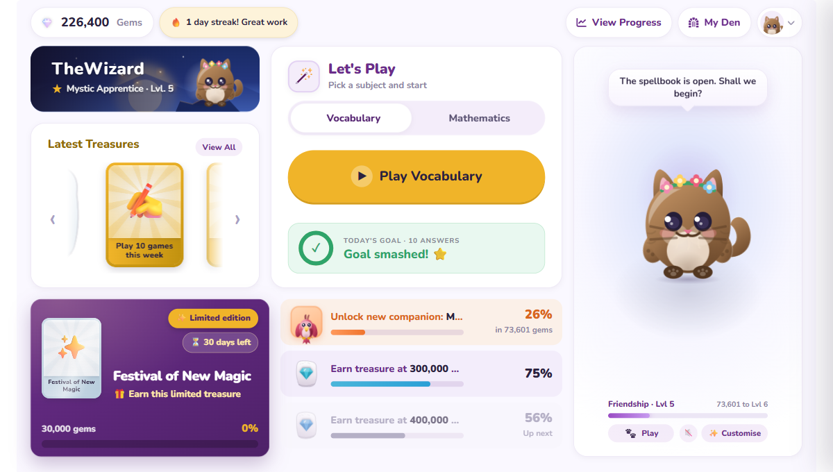 The Revision Wizard home screen: daily play, quests and collectable companions