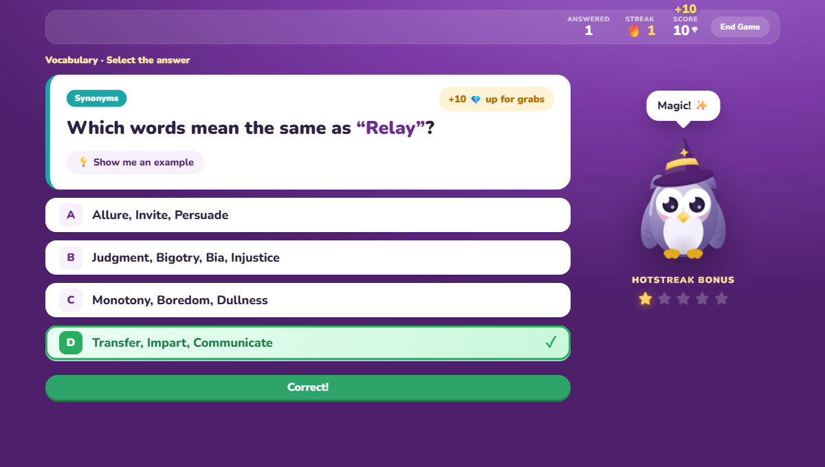 A vocabulary game with a correct answer and points being earned
